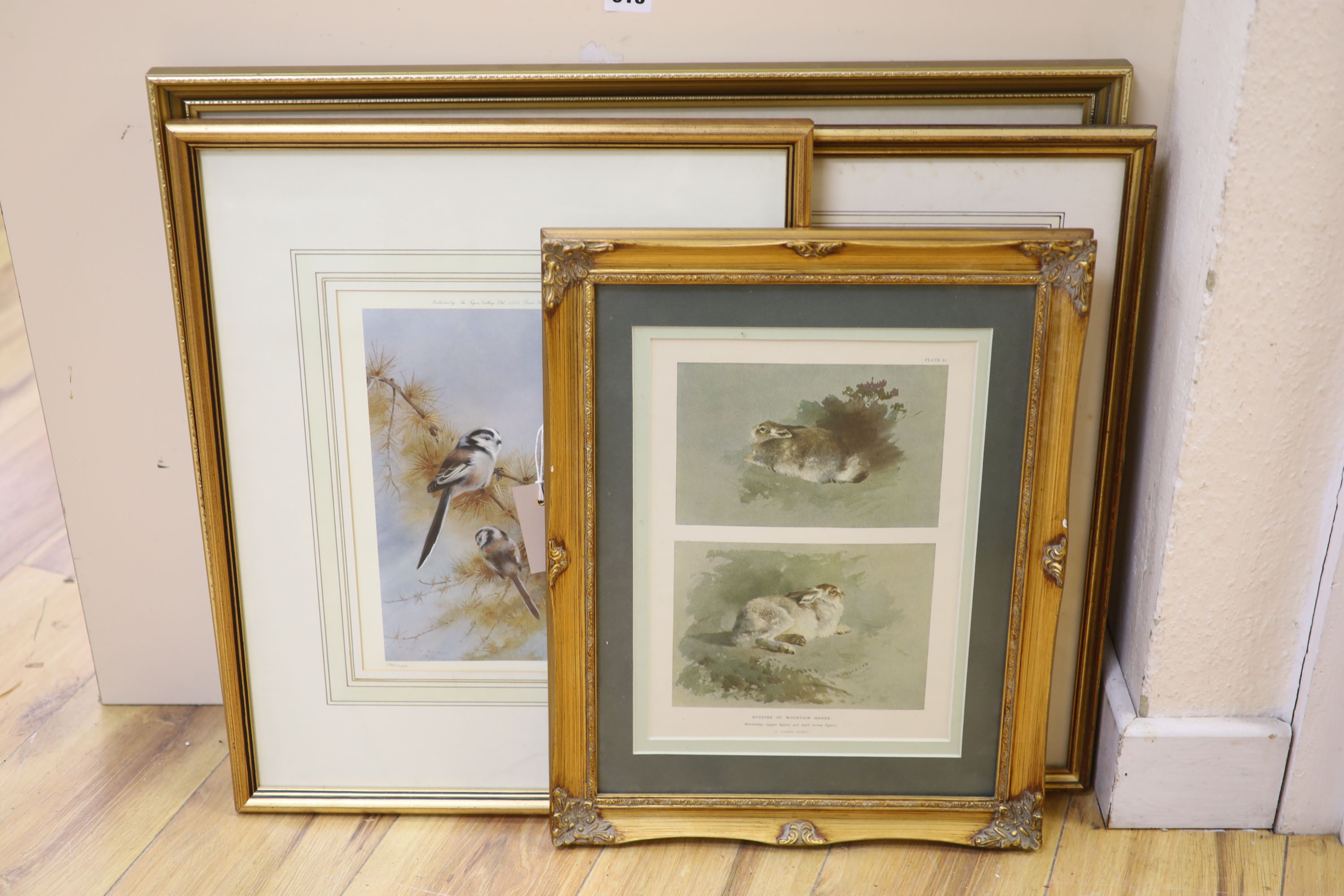 After Archibald Thorburn, Highland landscape with stag, numbered 456/500 and three other framed prints after Thorburn